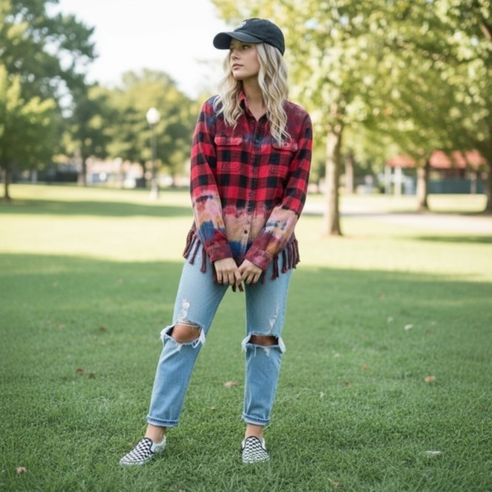 Upcycled Goodfellow & Co Flannel Shirt Bleached, Hand Dyed, Fringe | Size Medium